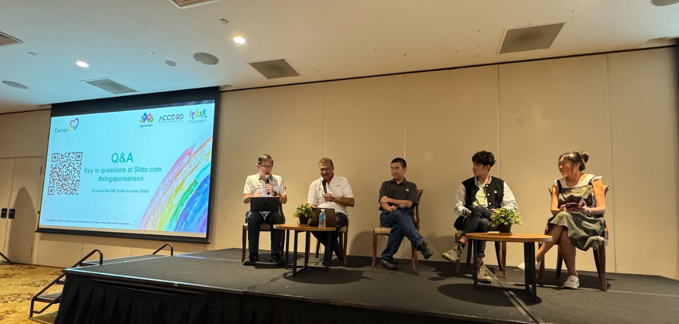 Speakers at CaringSG's Seminar on Preparing for National Service, from left: COL (NS) Darren Tan, BG (RET) Ishak Ismail, PTE (NSF) Gabriel Tan, LCP (NSF) Joshua Yap and his mother Freya Lim